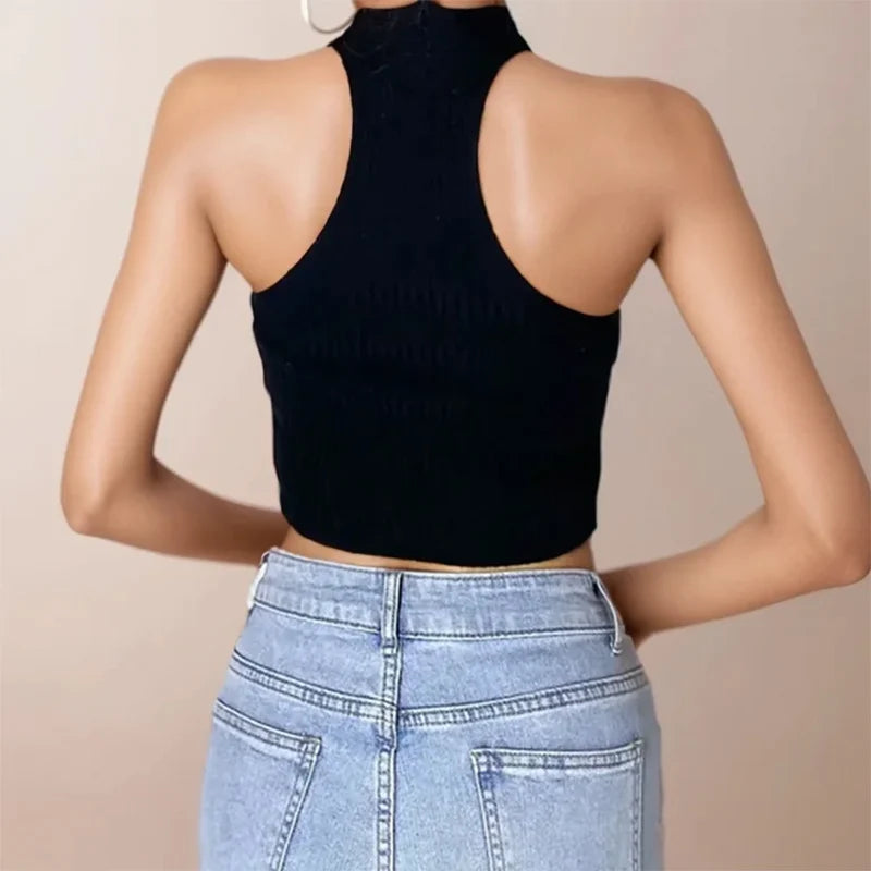 ITOOLIN Women Knit Cross Neck Crop Tops Sexy Slim Solid Backless Sleeveless Camisoles Elastic Rib Casual Underwear Tank Tops