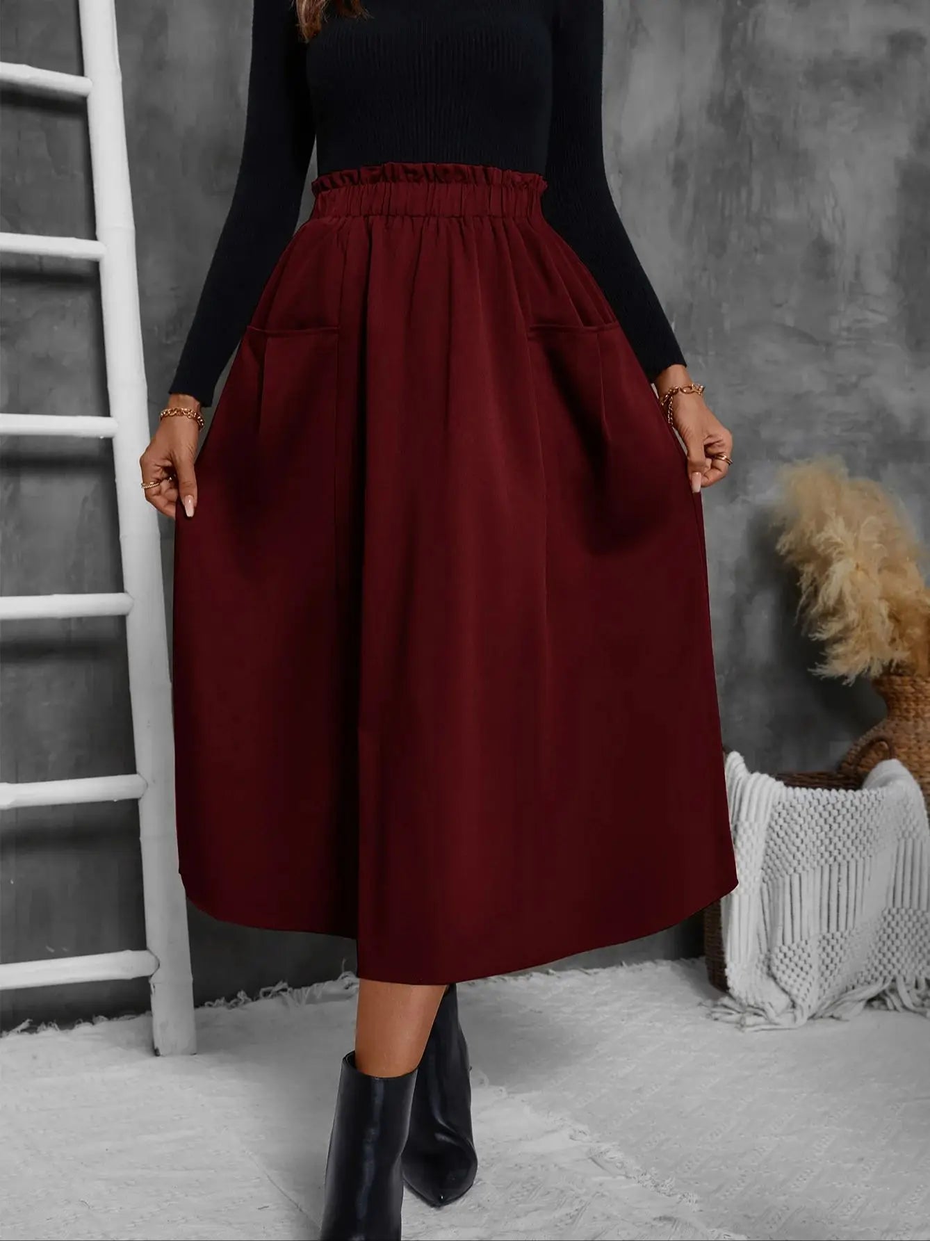 Women's Midi Skirt with Pockets - High Waist Elastic Waist Flowy A-Line Skirt for Casual and Party Wear