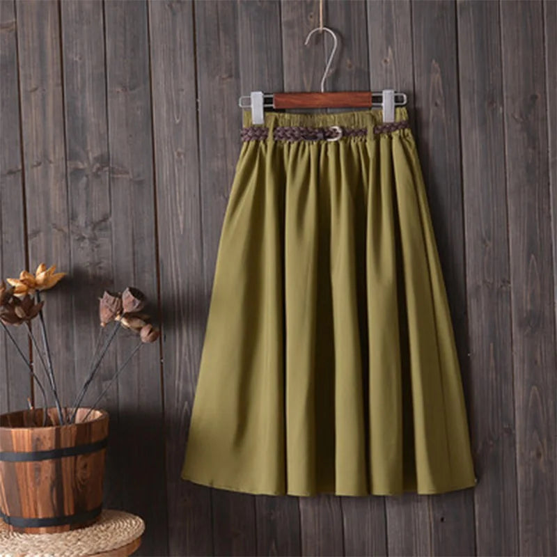 Midi Knee Length Summer Skirt Women With Belt Fashion Korean Ladies High Waist Pleated A-line School Skirt Female