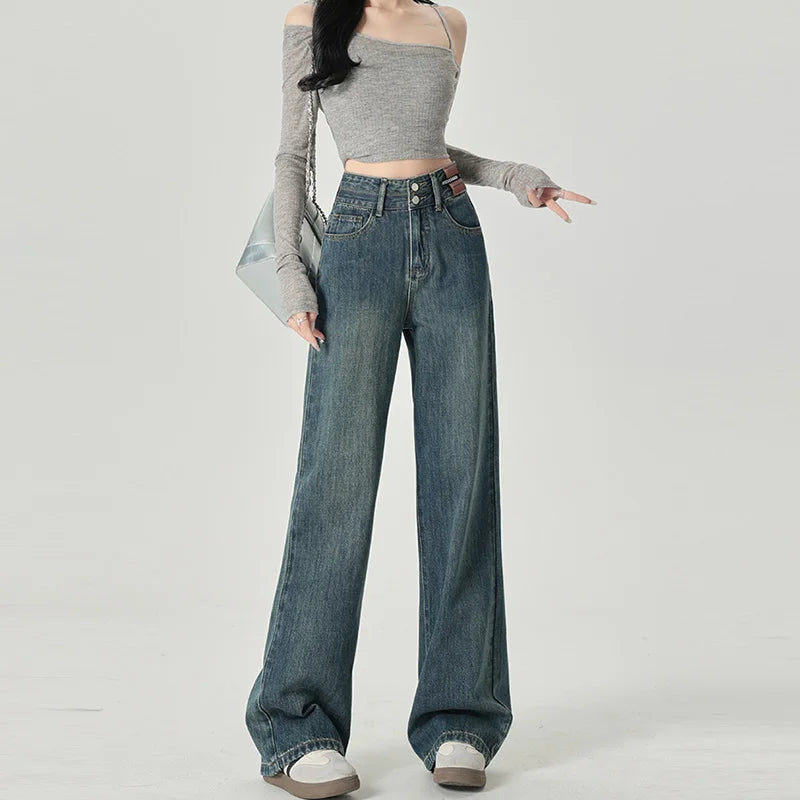 Women's Narrow Cut Wide Leg Jeans With High Waist And Hanging Feeling Straight Leg Casual Look Slim Contrasting Colors Pants