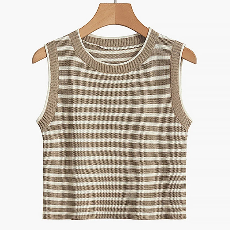 ITOOLIN Women Knitted Stripes O-Neck Tank Tops Female Sleeveless Casual Streetwear Crop Top Women Tops Spring Summer