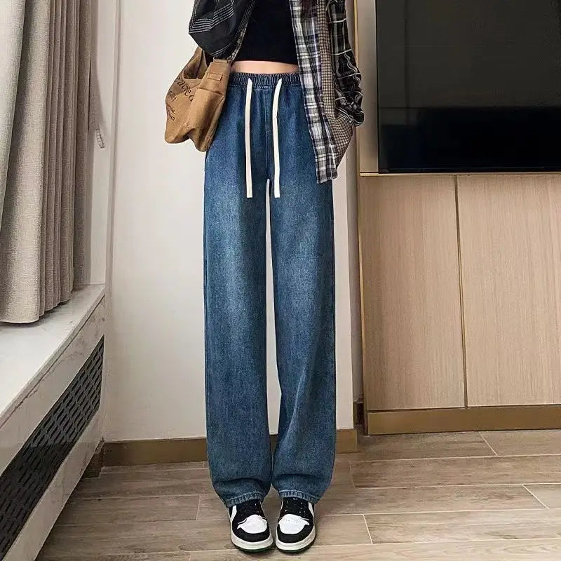 Spring Autumn New Fashion Elastic Waist Drawstring Solid Jeans Women's Clothing Pocket Korean All-match Trend Chic Straight Pant
