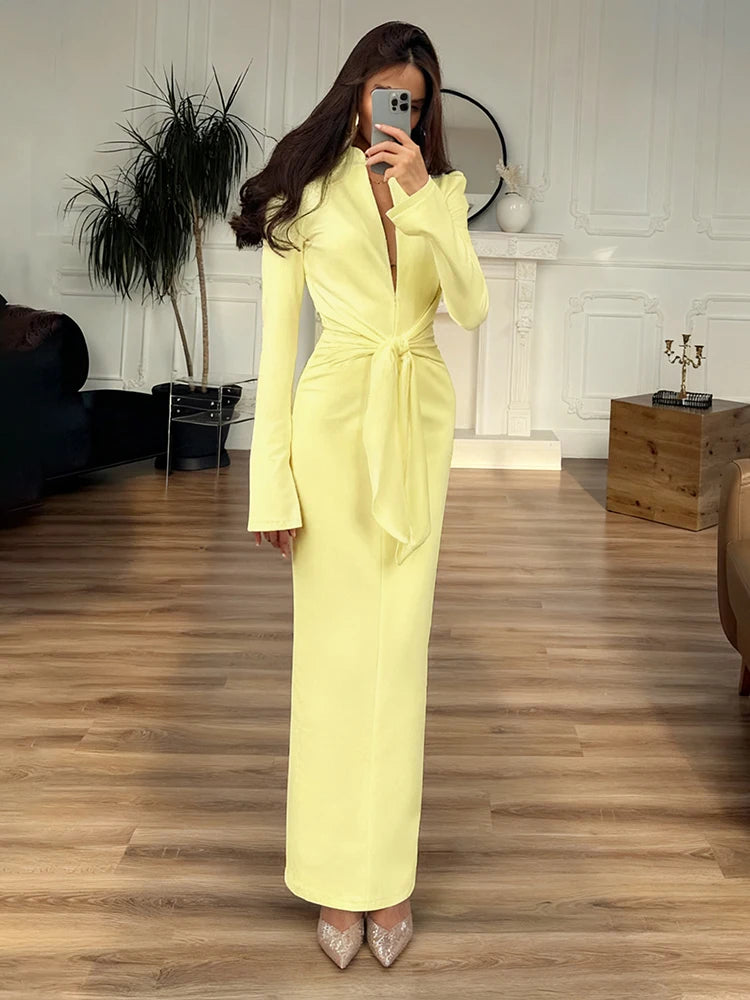 Weird Puss Sexy Maxi Dress Women Shoulder Padded Zip Wrapped Bandage Long Sleeve Slit Elegant Solid Office Simple Skinny Bodycon