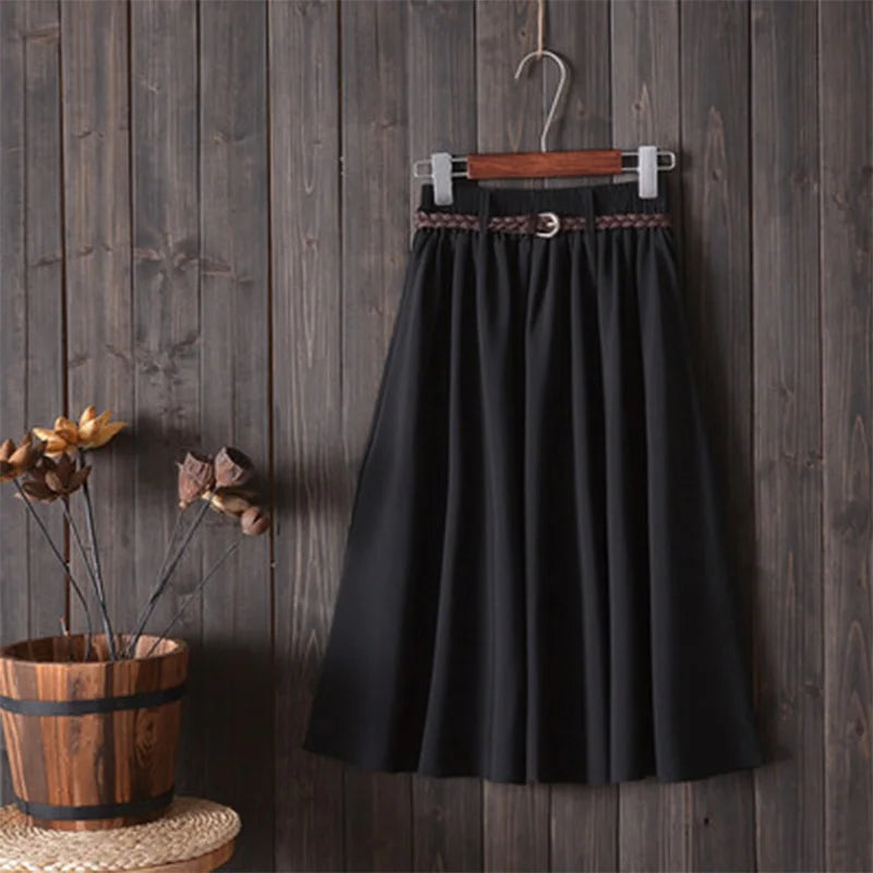Midi Knee Length Summer Skirt Women With Belt Fashion Korean Ladies High Waist Pleated A-line School Skirt Female