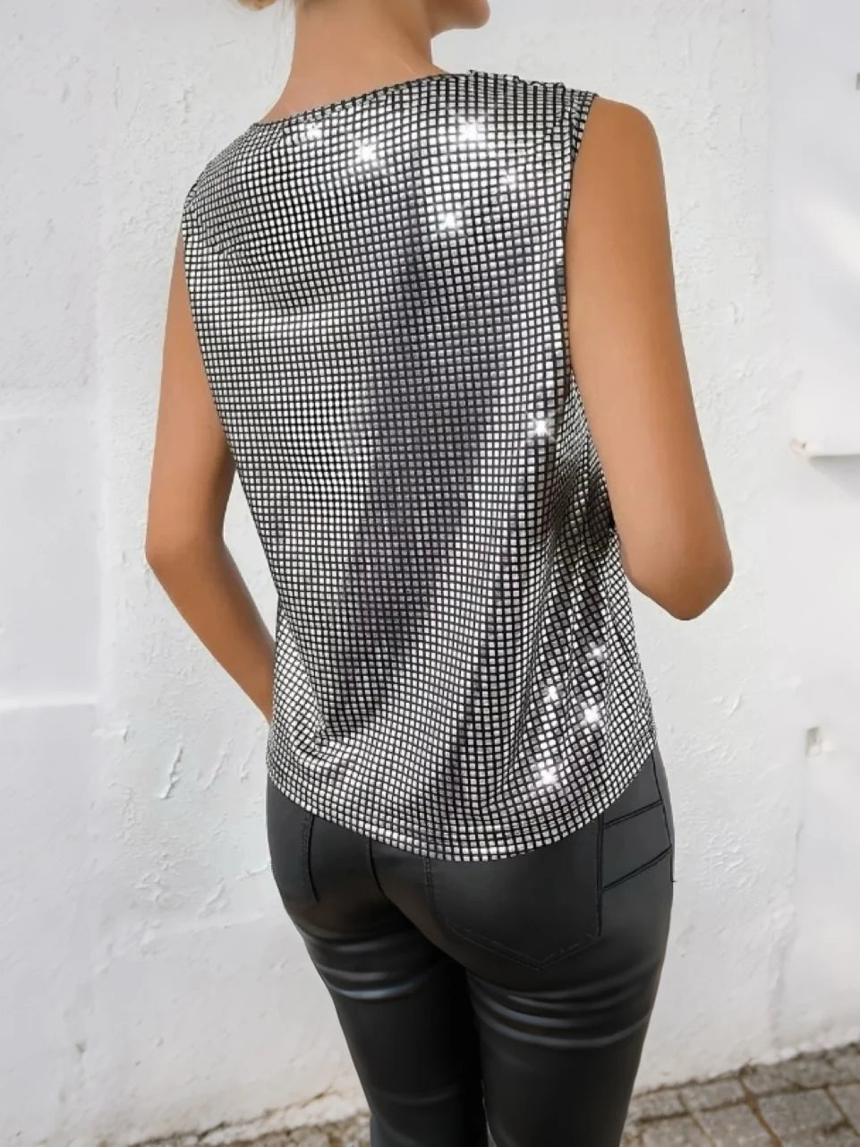 2025 Summer New Women's Silver V-Neck Vest Sleeveless Slimming Check Top