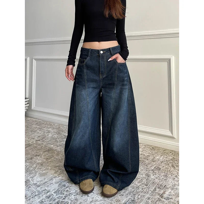 Blue Women's Retro Y2K 2000s Wide Leg Baggy Casual Denim Trouser High Waist Loose Jeans 2024 Autumn Harajuku Full Length Pants