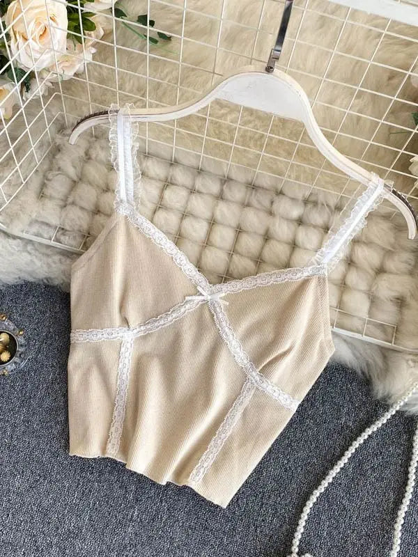 ITOOLIN Women Lace Up Crop Tops V-Neck Knitted Camis Short Slim Underwear Tops Straps Tops for WOmen 2025 Summer