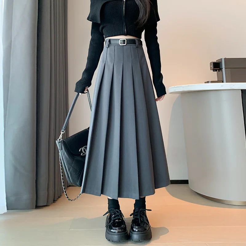 Women's Wool Skirt - High-Waisted, Slimming Belted, Plus Size Vintage-Inspired, Versatile Mid-Length Pleated Skirt
