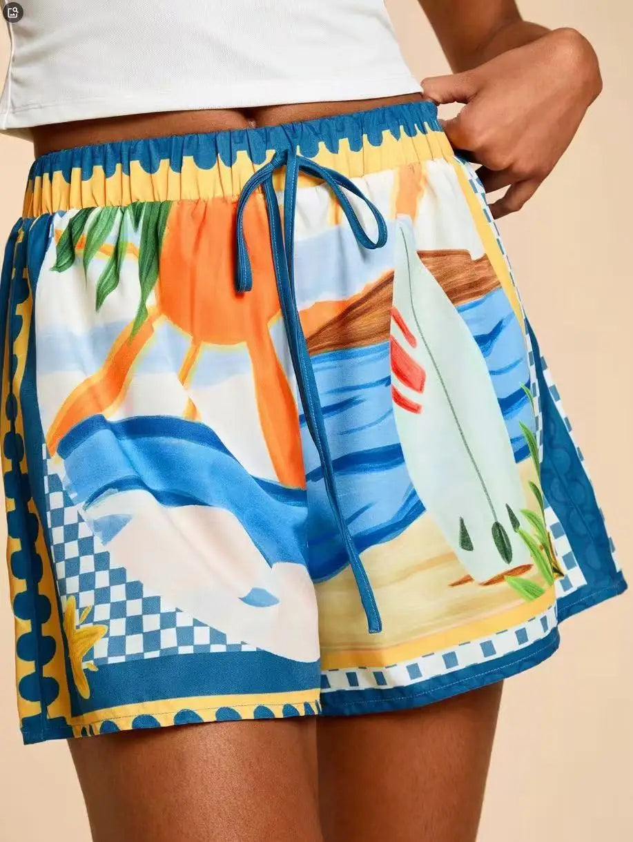 Spring Summer Fashion Tropical Vacation Elegant Casual Print High Waist Short Pants for Women