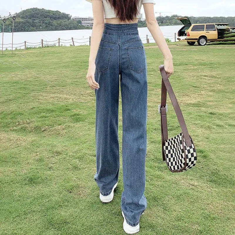 Women's Narrow Cut Wide Leg Jeans With High Waist And Hanging Feeling Straight Leg Casual Look Slim Contrasting Colors Pants