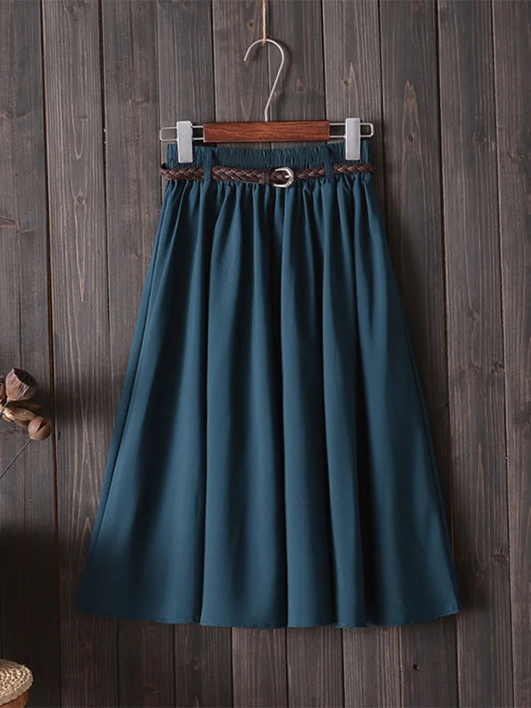 Midi Knee Length Summer Skirt Women With Belt Fashion Korean Ladies High Waist Pleated A-line School Skirt Female