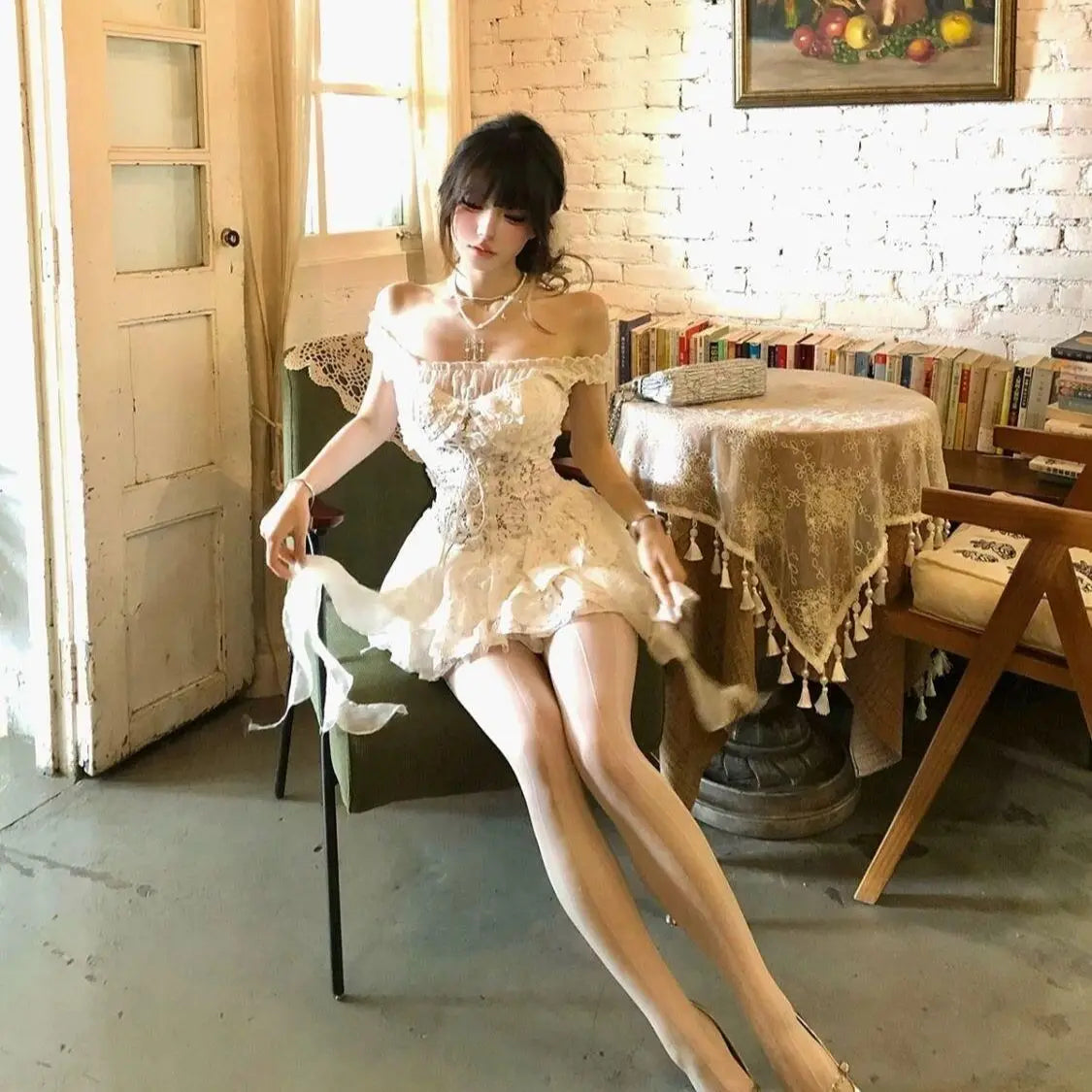 Summer Y2k Off Shoulder Sexy One Piece Dress French Vintage White Lace Slip Dresses Female Chic Design Fairy Outfits 2025 New