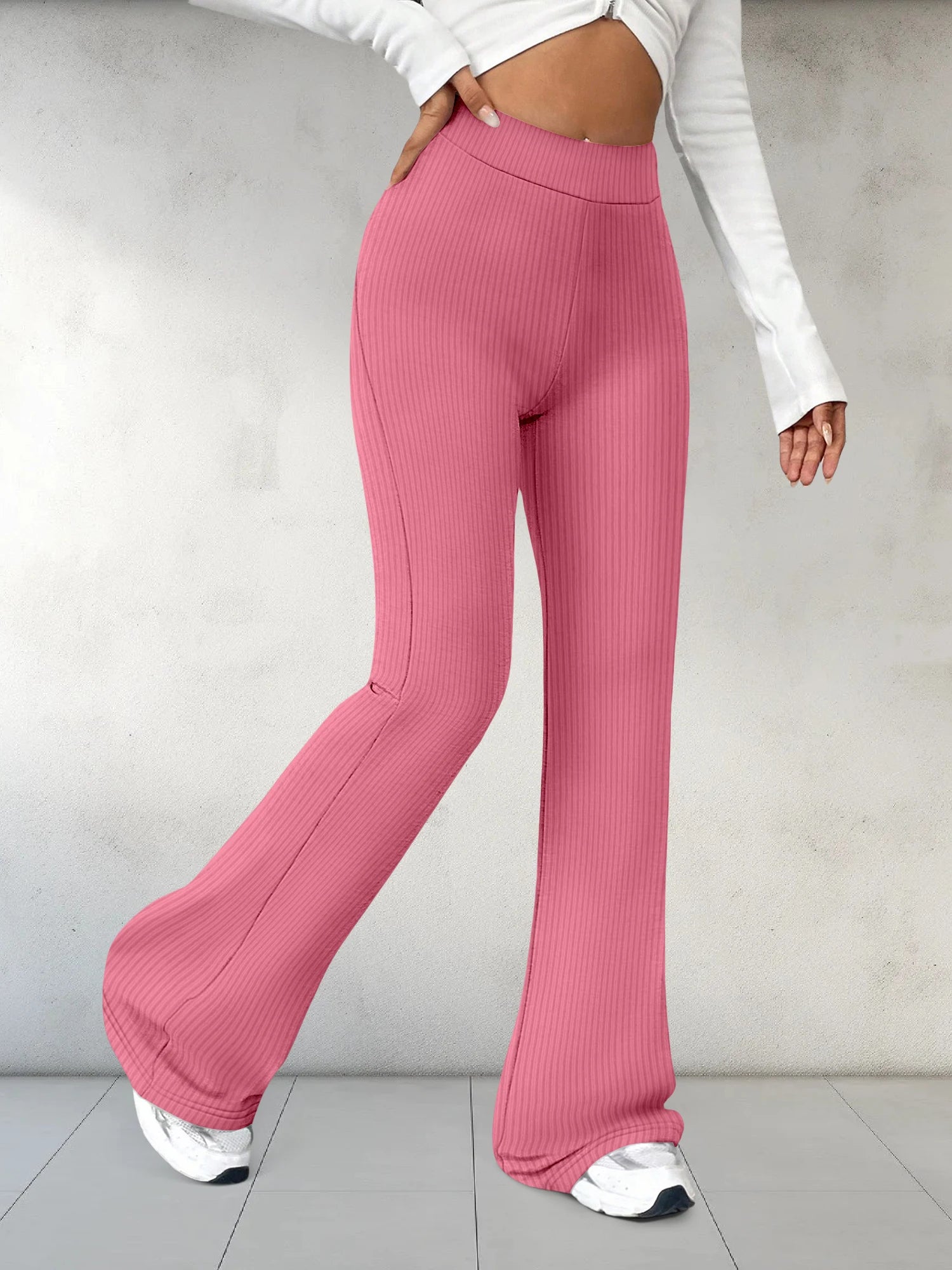 European and American Style High-Waisted Ribbed Flared Long Pants Comfortable Elastic Tight Slim-Fit Pants for Women