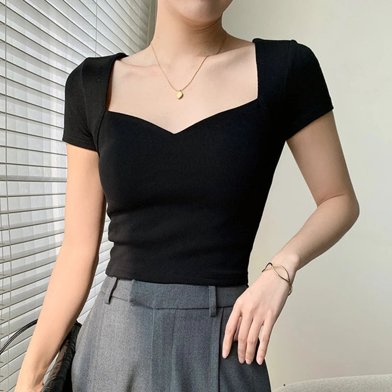 Women Square Neck Rib Crop T-shirt Summer Short Sleeve Crop Top Ladies Sexy Solid Color Short Tops Basic Black Tee Shirt