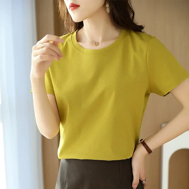 Short-sleeved T-shirt Solid Color Cotton Loose Round Neck Korean Version 2025 Spring And Summer Casual Bottoming Shirt Women