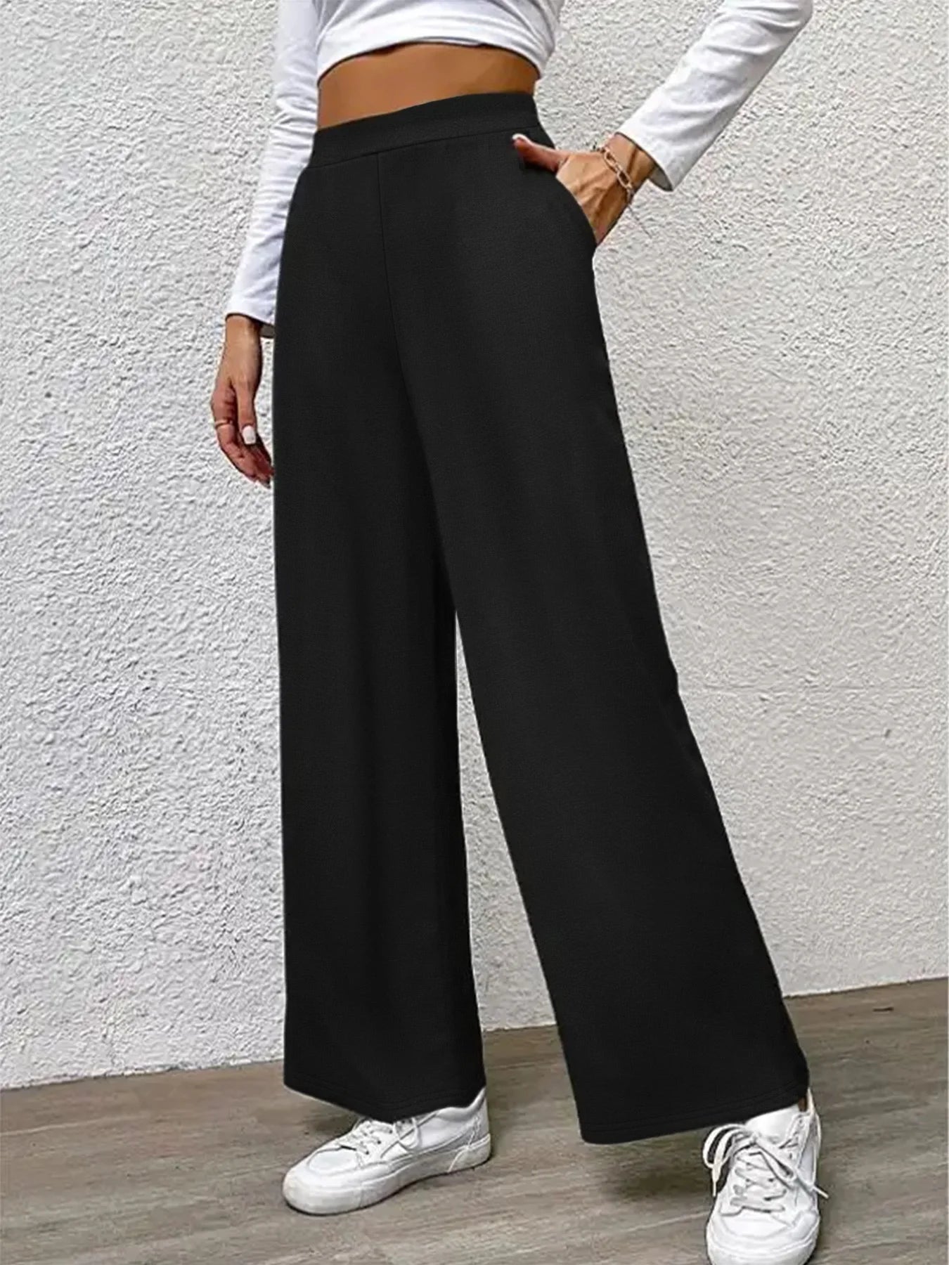 2025 Casual Straight Leg Pants Women Elastic Waist Stretchy Slimming Solid Black Office Daily Trousers  