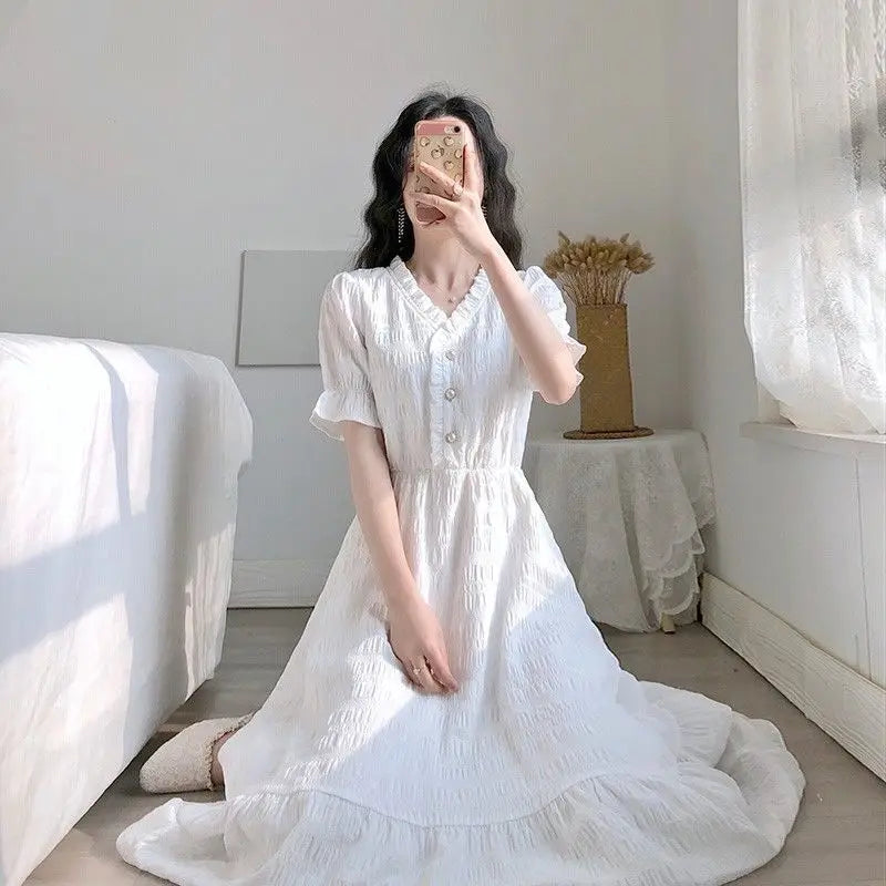 Dress for Women Summer Large Size Short Sleeve Shirt White Blue Dresses Casual Korean French Retro Slim Fit Female Clothing