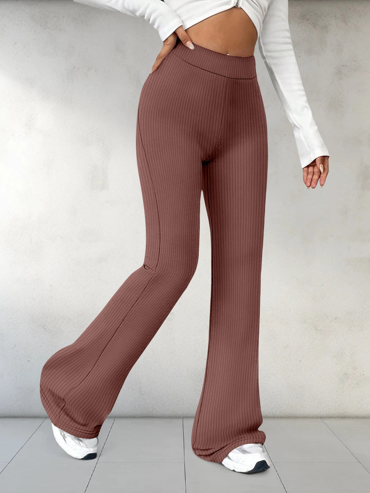 European and American Style High-Waisted Ribbed Flared Long Pants Comfortable Elastic Tight Slim-Fit Pants for Women
