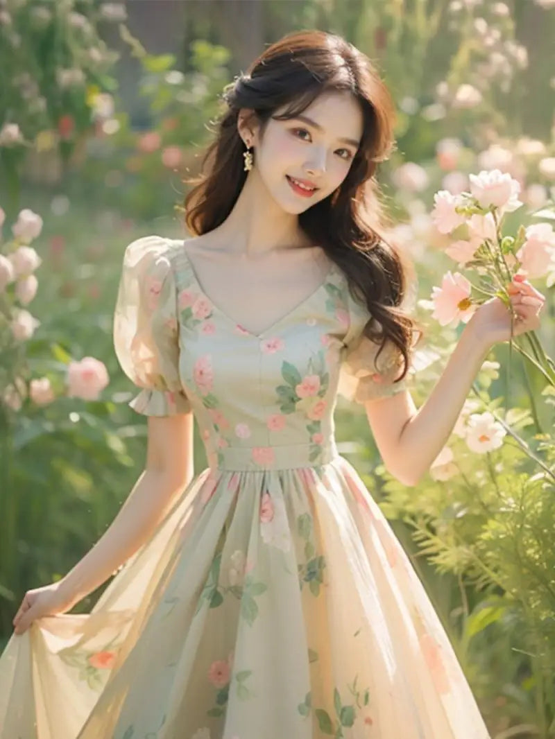 Beautiful Temperament Super Good-looking High-end Exquisite Waist-hugging Floral Puff Sleeve Dress for Women