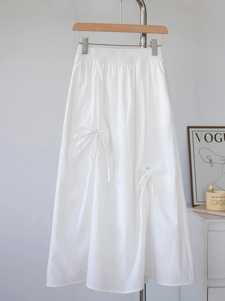 Women's Summer High Waisted Bow Cargo Skirt - Korean Effortless Chic Flowy Big Hem Umbrella Skirt Midi Casual Skirt
