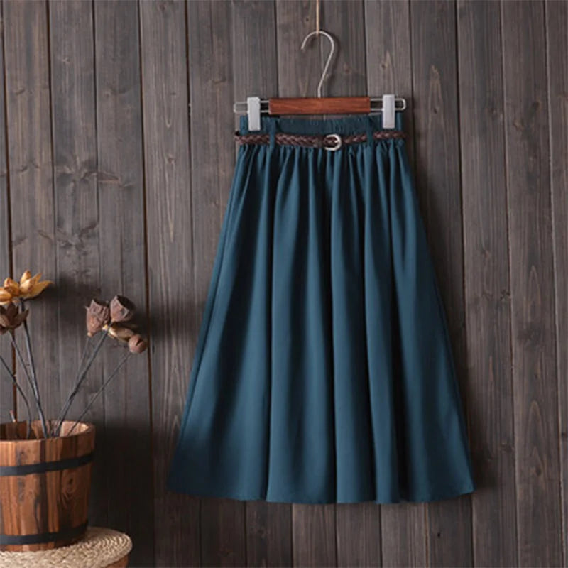 Midi Knee Length Summer Skirt Women With Belt Fashion Korean Ladies High Waist Pleated A-line School Skirt Female