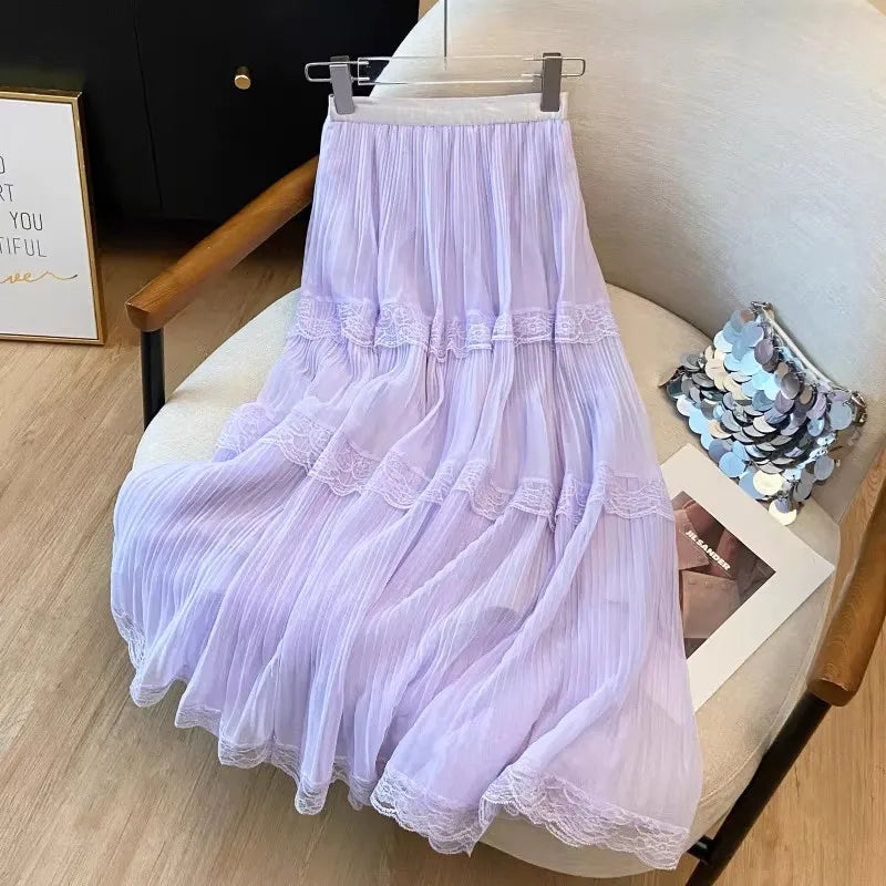 Retro Sweet White Long Skirt Women Casual Loose High Waist Elegant Skirt Vintage Lace Patchwork Korean Summer Long Skirts