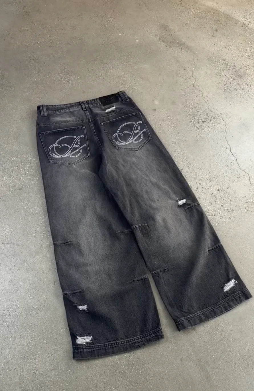 Y2K Gothic Women Retro Baggy Jeans Black Washed High Waist Ripped Hole Pants Wide Leg Oversized Trousers Y2k Tear Denim Pants