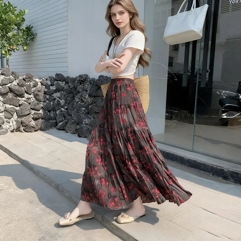 New Fashion Summer Trendy Women's Elegant Ink Dyed Printed A-line Skirt Women's Elastic High Waist Splicing Folded Long Skirt