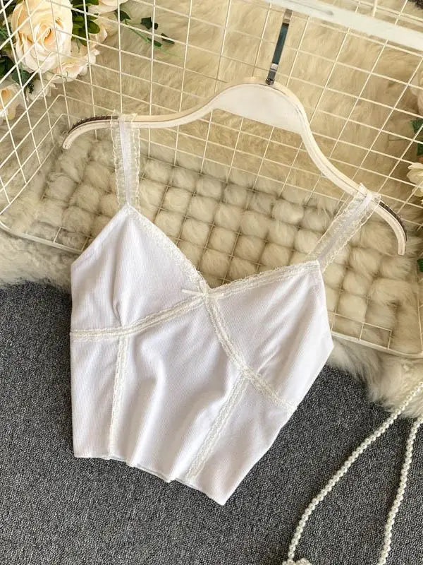 ITOOLIN Women Lace Up Crop Tops V-Neck Knitted Camis Short Slim Underwear Tops Straps Tops for WOmen 2025 Summer