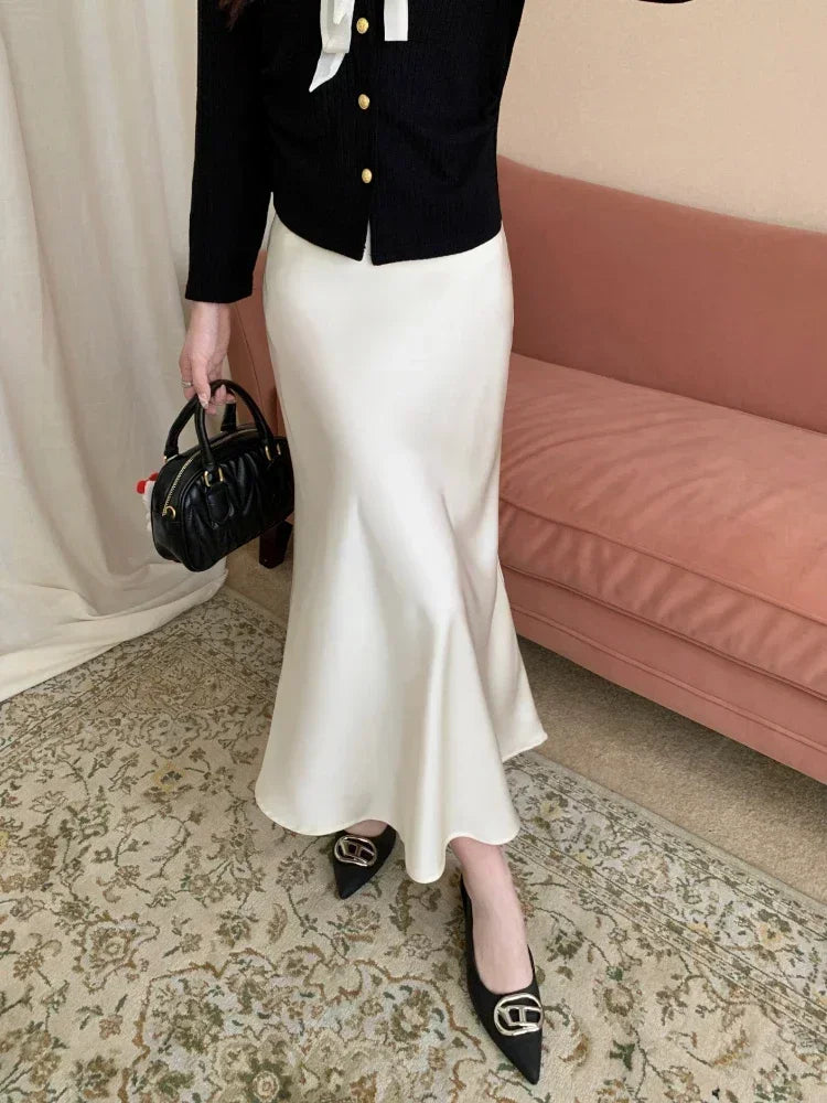 Spring Summer Women's Long Skirt High Waist Satin Silk A-line Skirt Ladies Korean Fashion Solid Pink Fishtail Skirts for Women