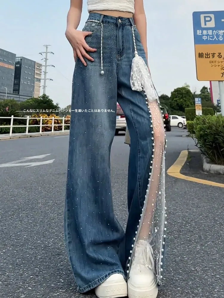 Vintage Blue Lace Hollow Out Design Women Y2k Jeans Streetwear Retro Rhinestone Versatile Wide Leg Denim Pants Casual Trousers