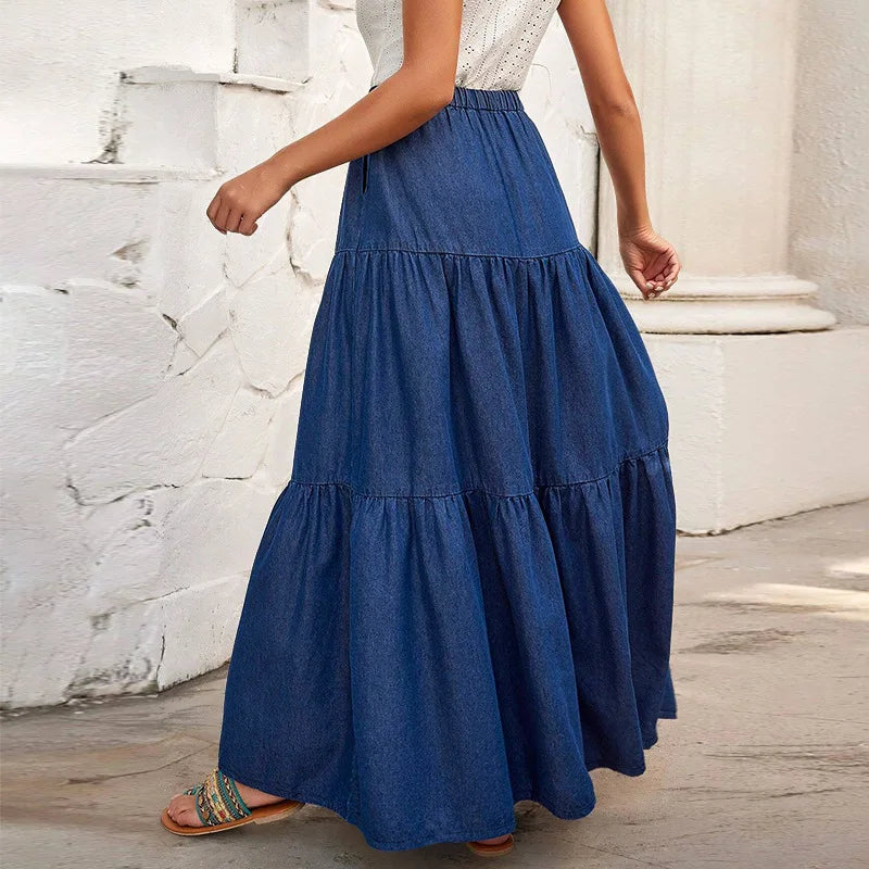 Women's Clothing New Denim Casual Long Skirt Korean Style Elastic Waist A Line Denim Skirt