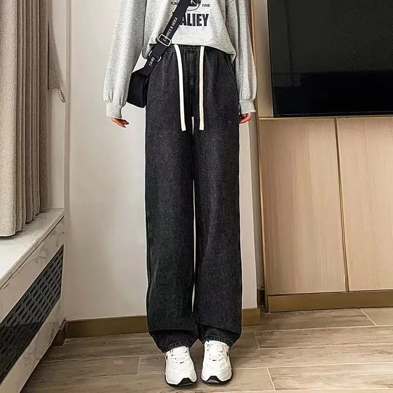 Spring Autumn New Fashion Elastic Waist Drawstring Solid Jeans Women's Clothing Pocket Korean All-match Trend Chic Straight Pant