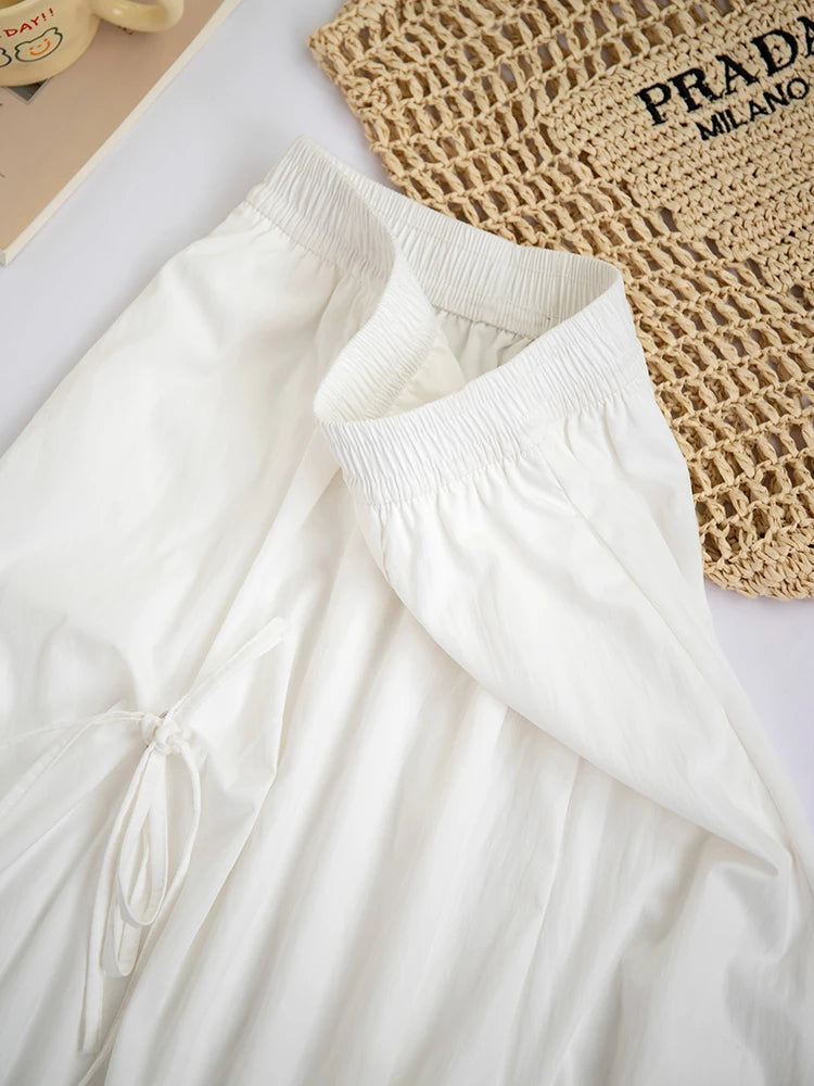 Women's Summer High Waisted Bow Cargo Skirt - Korean Effortless Chic Flowy Big Hem Umbrella Skirt Midi Casual Skirt