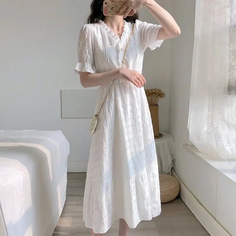 Dress for Women Summer Large Size Short Sleeve Shirt White Blue Dresses Casual Korean French Retro Slim Fit Female Clothing