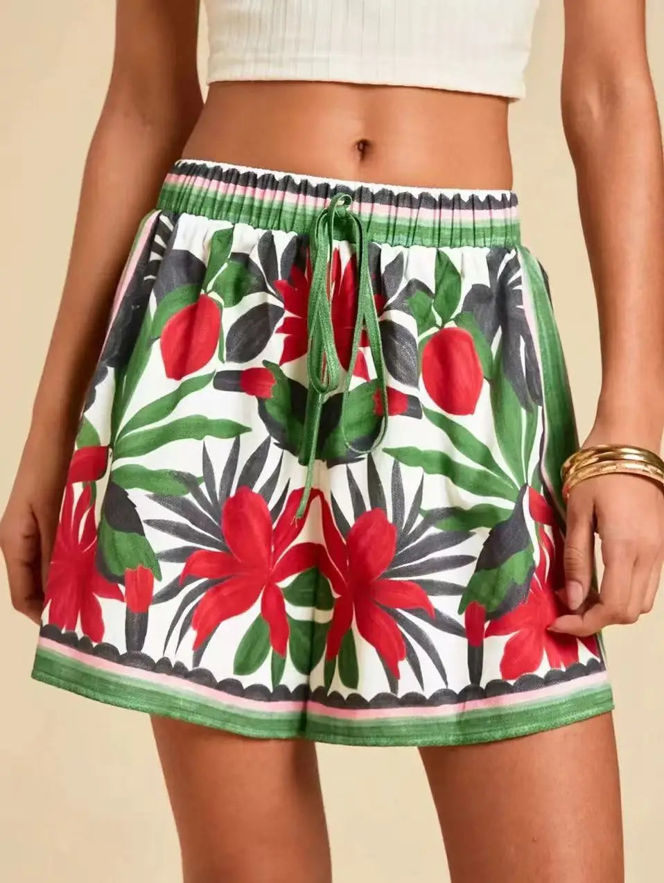 Spring Summer Fashion Tropical Vacation Elegant Casual Print High Waist Short Pants for Women