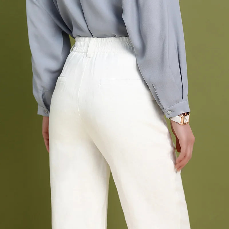 Women's High Waist Wide Leg Drape Pants Cotton Linen Loose Casual Straight Summer Slacks