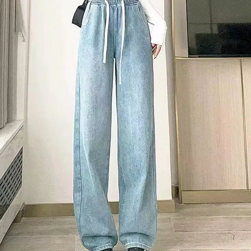 Spring Autumn New Fashion Elastic Waist Drawstring Solid Jeans Women's Clothing Pocket Korean All-match Trend Chic Straight Pant