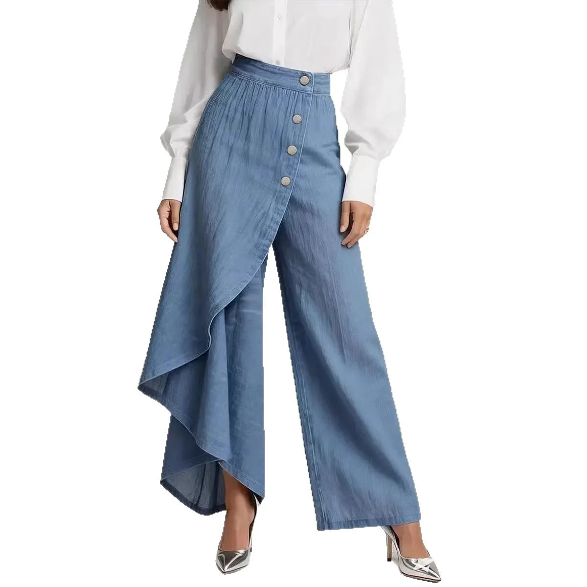 2026 Spring Autumn Women Solid Color Denim Print Button Fly Slim Leg Pants Casual Stretchy Long Trousers