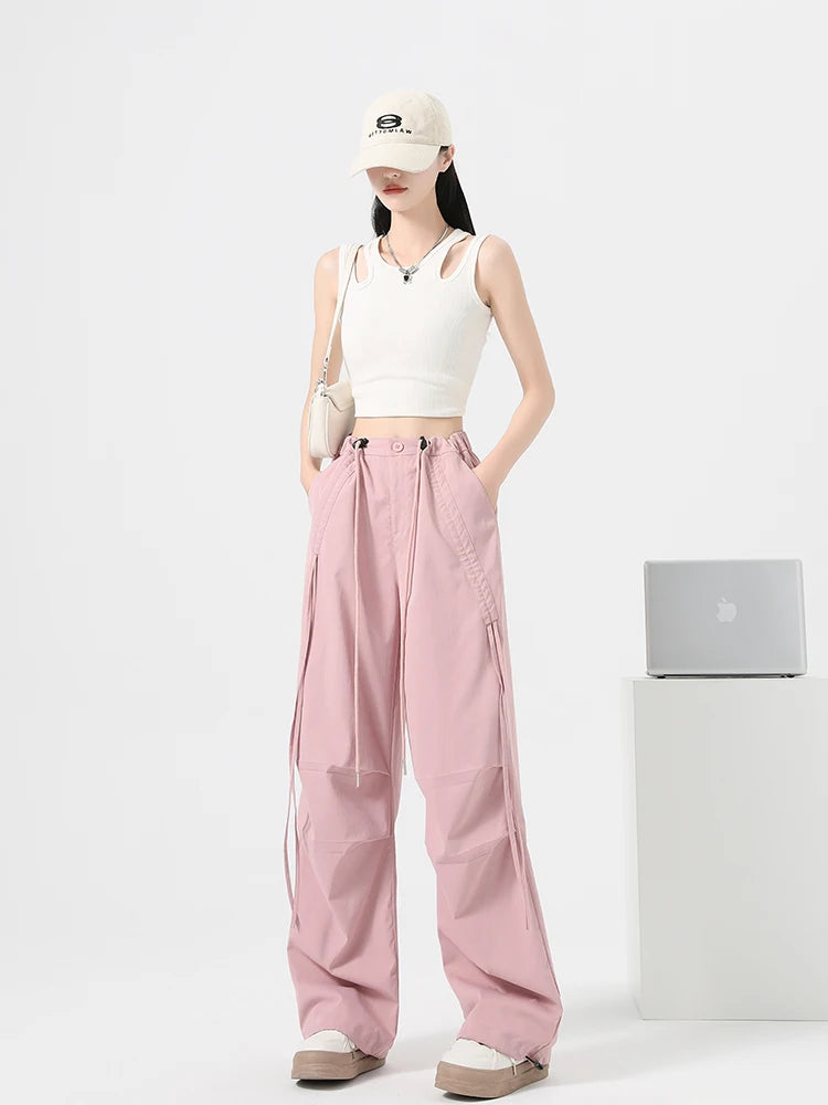 Women's Korean Style Cargo Pants 2025 Spring Autumn - High Waisted Quick Dry Wide Leg Pants with Bow Drawstring