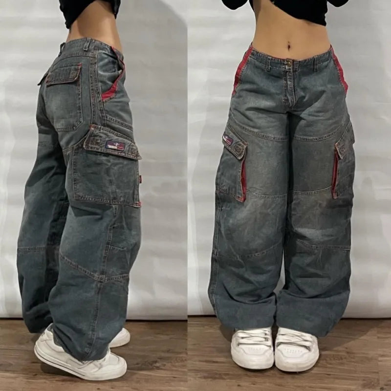 Street Vintage Jeans New Y2K Harajuku Wash Blue Multiple pockets Baggy Jeans Denim Pants Mens Womens High Waist Wide Trousers