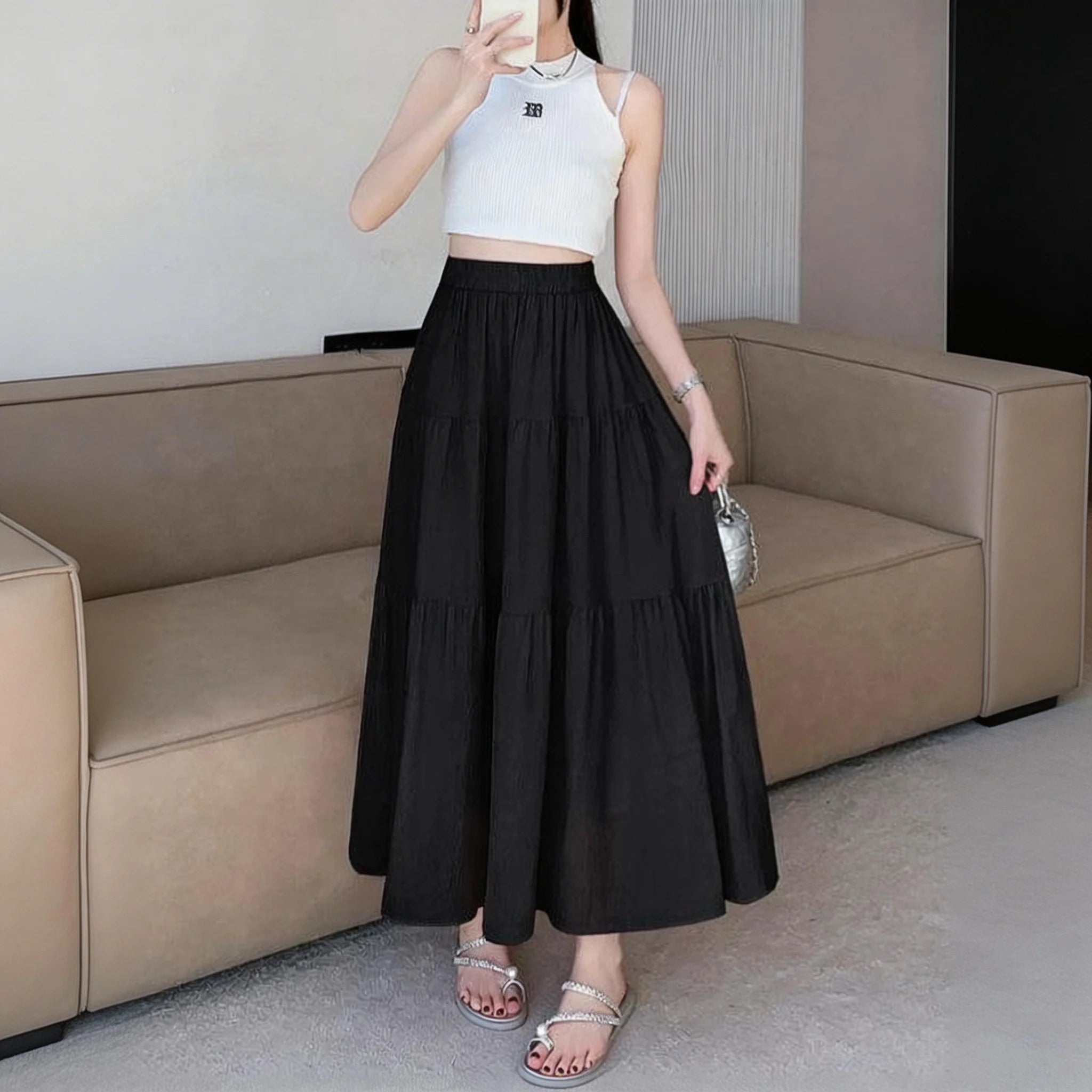 1pcs Women Skirts Girls High Waist Chic Long Cake A-line Skirt Female White Black Vintage Fashion With Lining Long Dress