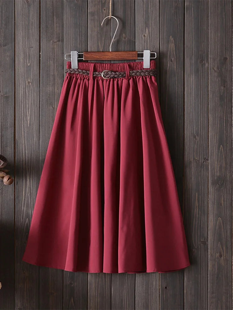 Midi Knee Length Summer Skirt Women With Belt Fashion Korean Ladies High Waist Pleated A-line School Skirt Female