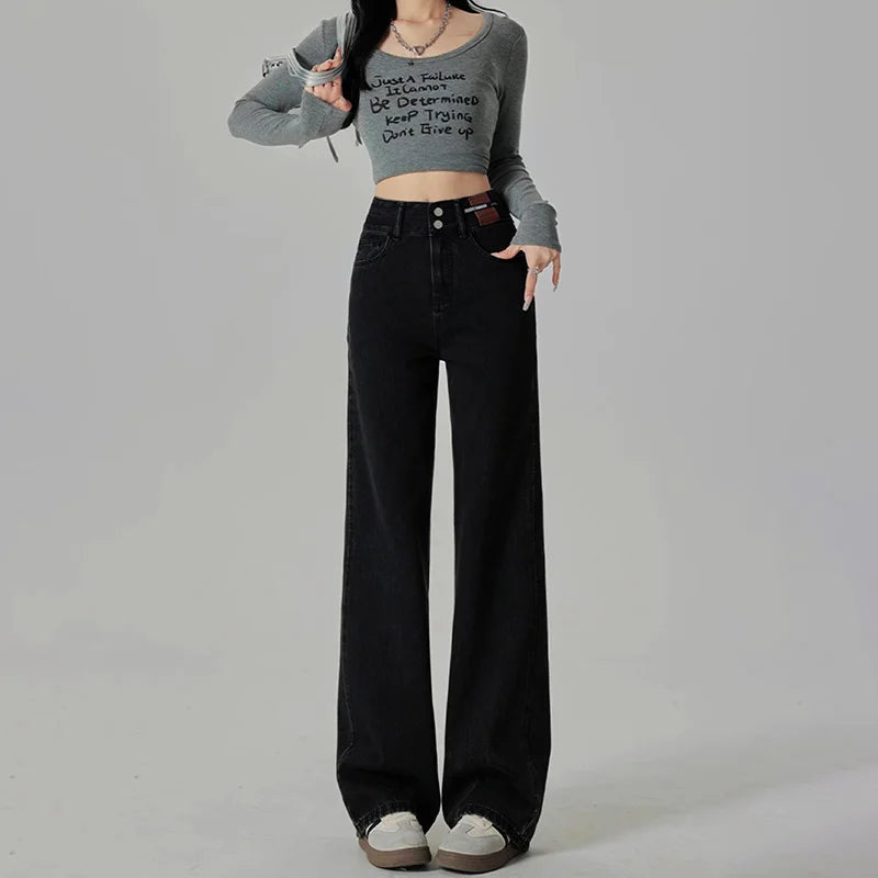 Women's Narrow Cut Wide Leg Jeans With High Waist And Hanging Feeling Straight Leg Casual Look Slim Contrasting Colors Pants