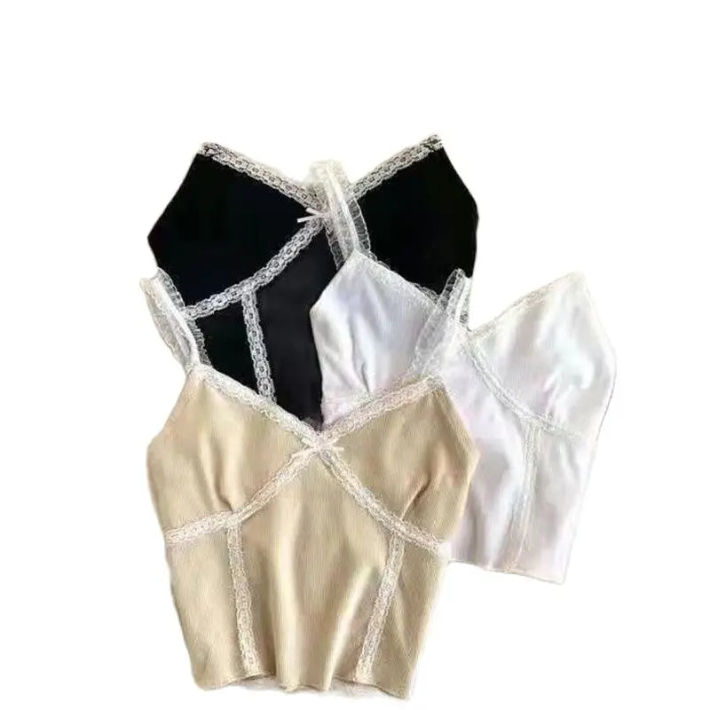 ITOOLIN Women Lace Up Crop Tops V-Neck Knitted Camis Short Slim Underwear Tops Straps Tops for WOmen 2025 Summer