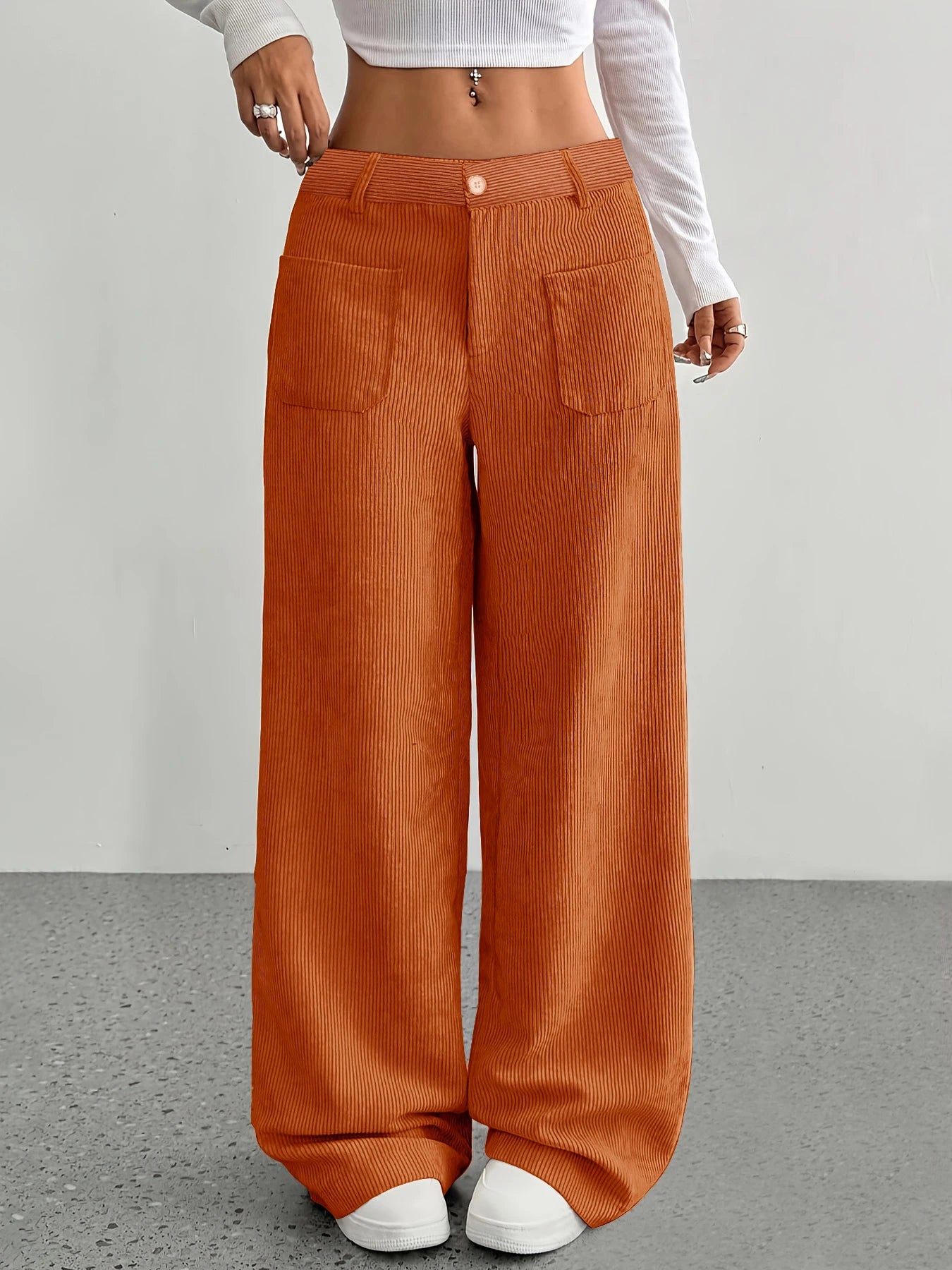 Women's High Waist Corduroy Wide Leg Pants, Casual Fall Winter Long Trousers with Pockets, Ladies Fashionable Relaxed Fit Bottom