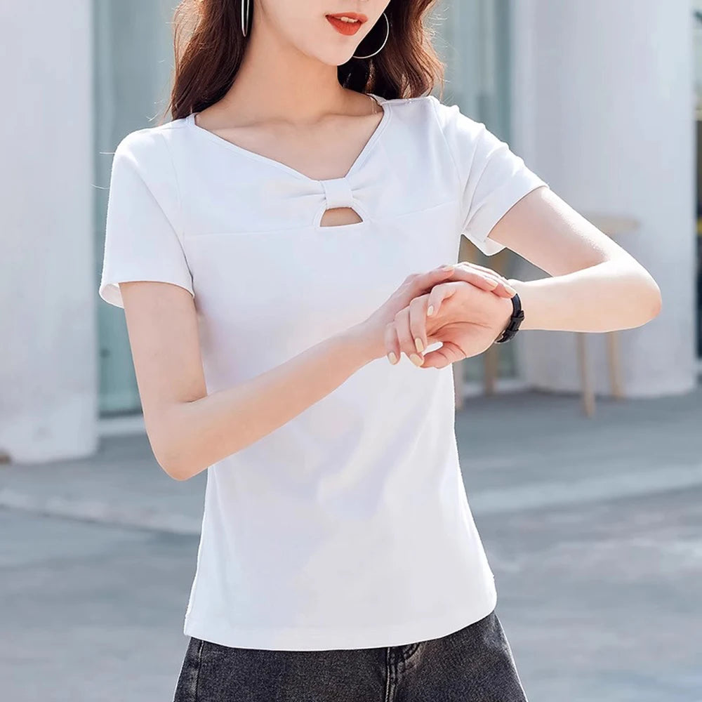 Korean version pure cotton short sleeved t-shirt women's summer new high-end fashion plus size slim fit casual T-shirt V-neck to