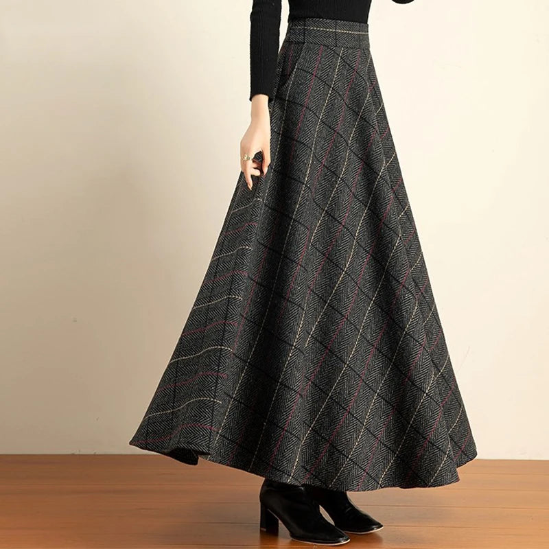 Women's 2026 Fall/Winter Plaid Wool Midi Skirt - High-Waisted A-Line, Plus Size, Thickened & Slimming Long Skirt