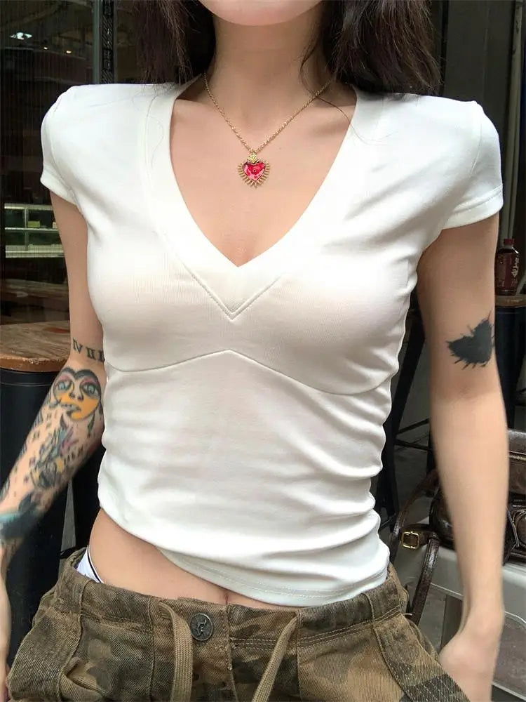 Basic Solid Crop Top Short Sleeve V-neck Skinny T-shirt Summer Casual Tee for Women Y2K Vintage Top Harajuku Streetwear