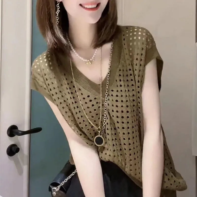 Female T-Shirt Knitted Top Solid V-Neck Hollow Out Tees Poleras Mujer De Moda Summer Polera Blanca Hot Casual Korean Style Women